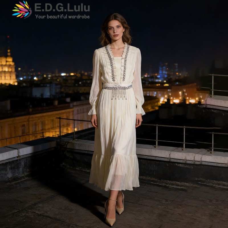 Wedding Lulu - EDGLuLu 우아한 화이트 쉬폰 롱 드레스